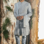 Light Blue Twill Silk & Satin Lycra Sherwani Set