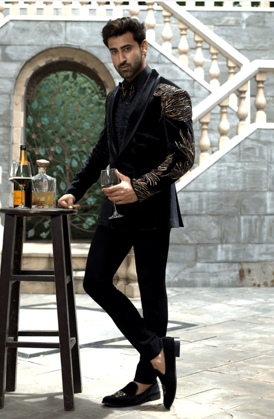Black Velvet, Silk Beads, Zari Embroidered Tuxedo Set - Image 2