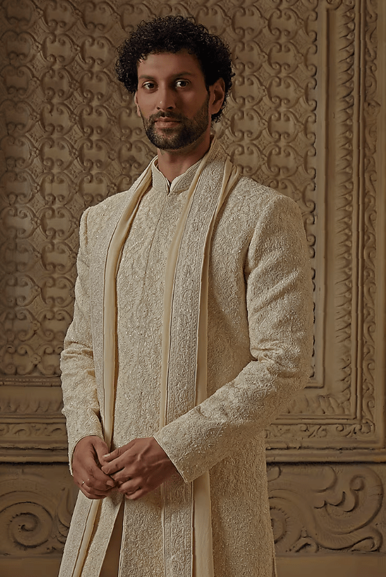 Beige Raw Silk Dori Jaal Work & Pearl Embroidered Sherwani Set - Image 4
