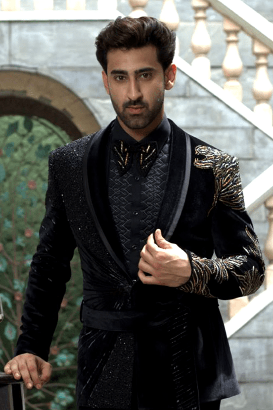 Black Velvet, Silk Beads, Zari Embroidered Tuxedo Set - Image 3
