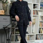 Blue Lycra Embroidery Abstract Orion Bandhgala With Trouser