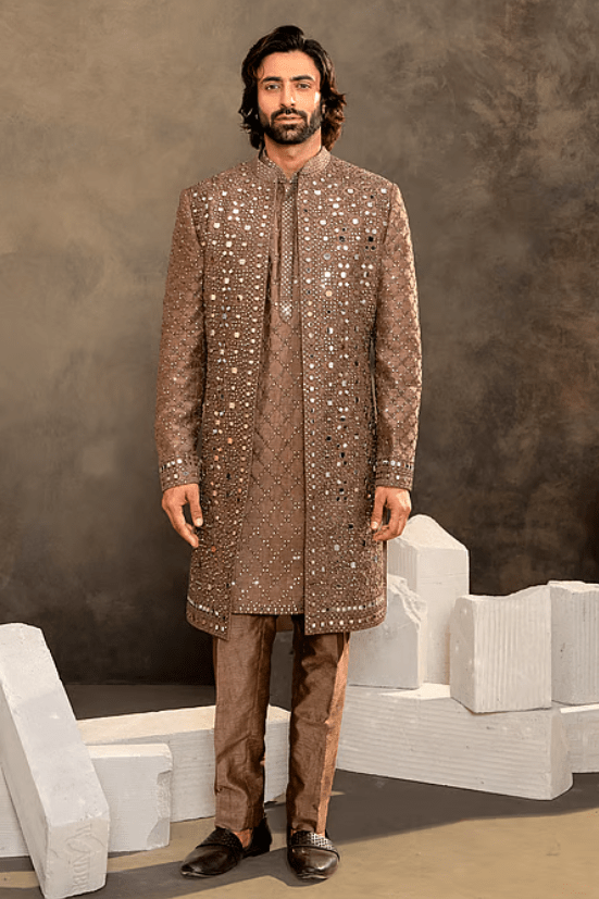 Brown Silk, Dupion Sequins, Mirrors Work Sherwani Set