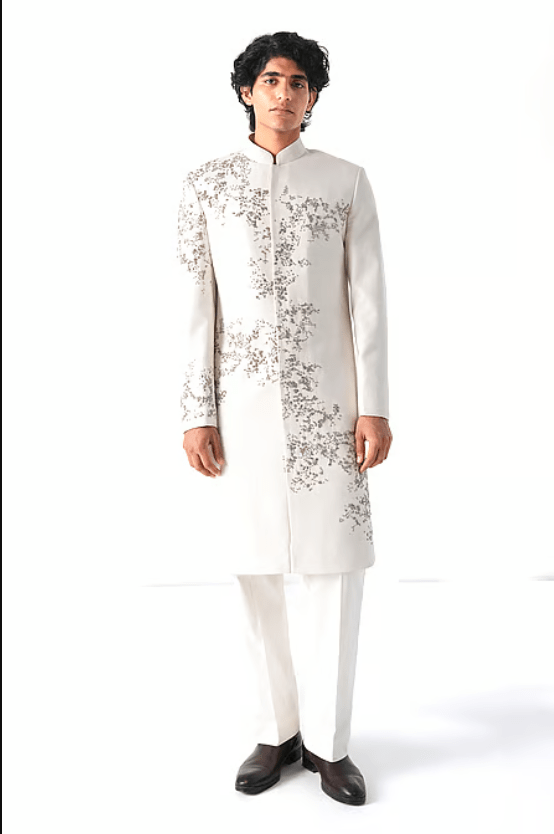 Ivory Silk Sequins, Beads, Metallic Thread Embroidered Sherwani Set