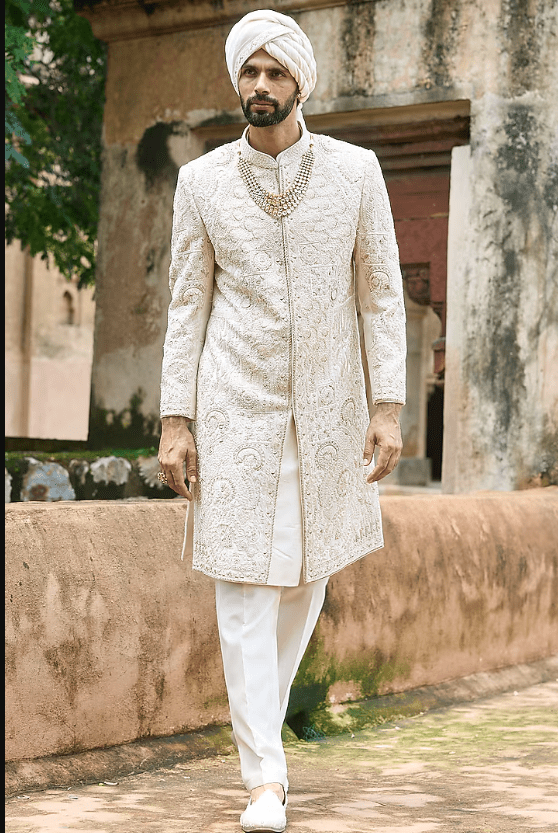 Ivory-Pink Raw Silk & Chanderi Hand Embellished Sherwani Set