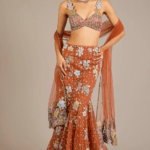 Orange Tulle Applique Embellished Mermaid Lehenga Set