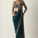 Dark Teal Georgette Silver Tassels Draped Saree Set