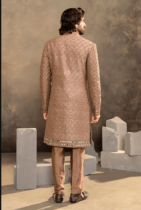Brown Silk, Dupion Sequins, Mirrors Work Sherwani Set - Image 2
