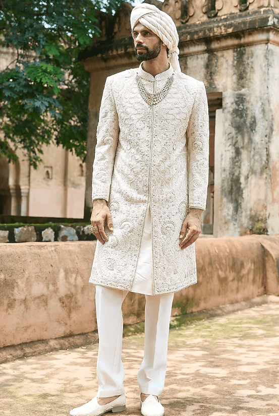 Ivory-Pink Raw Silk & Chanderi Hand Embellished Sherwani Set - Image 2