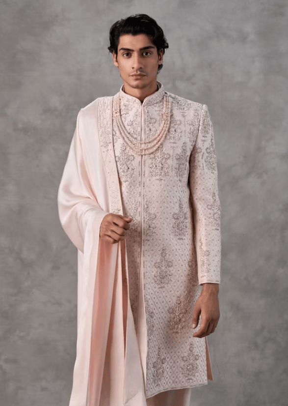 Pink Silk Zardosi Embroidered Sherwani - Image 3