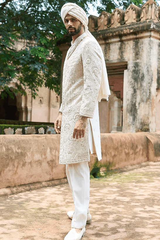 Ivory-Pink Raw Silk & Chanderi Hand Embellished Sherwani Set - Image 3