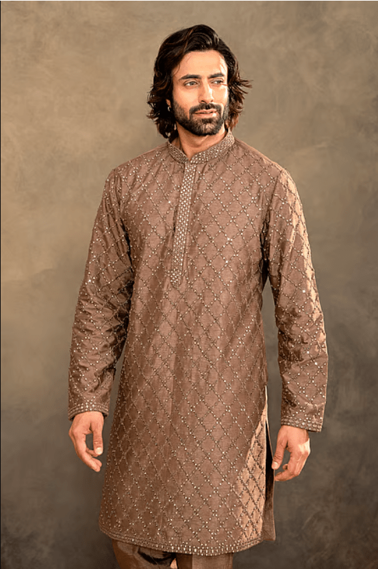 Brown Silk, Dupion Sequins, Mirrors Work Sherwani Set - Image 4