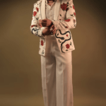 White Korean Lycra Embroidered & Hand Painted Tuxedo Set