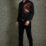 Black Cotton, Lycra Wolf Handpainted Shirt With Trouser