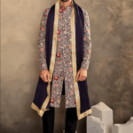 Blue Silk Floral Pattern Raw Sherwani Set