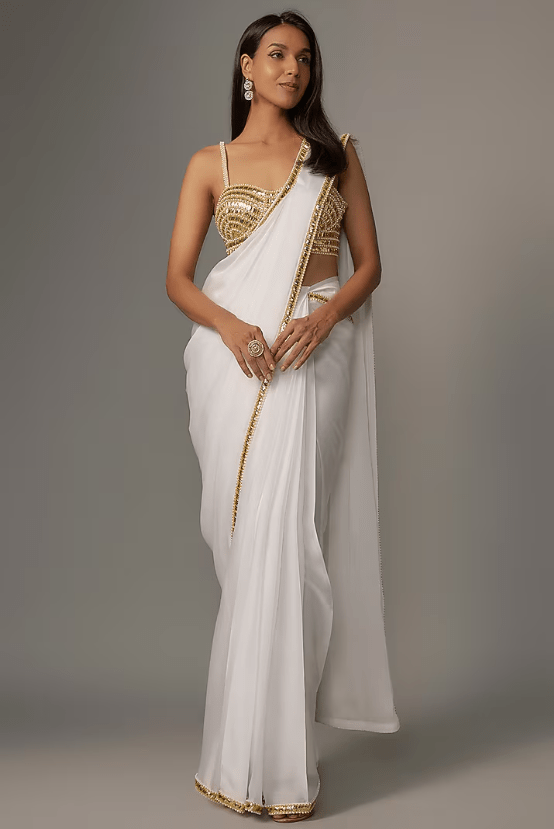Ivory Satin Sequins Embroidered Saree Set