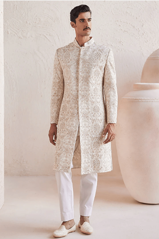 Ivory Dupion Zari Work Sherwani Set