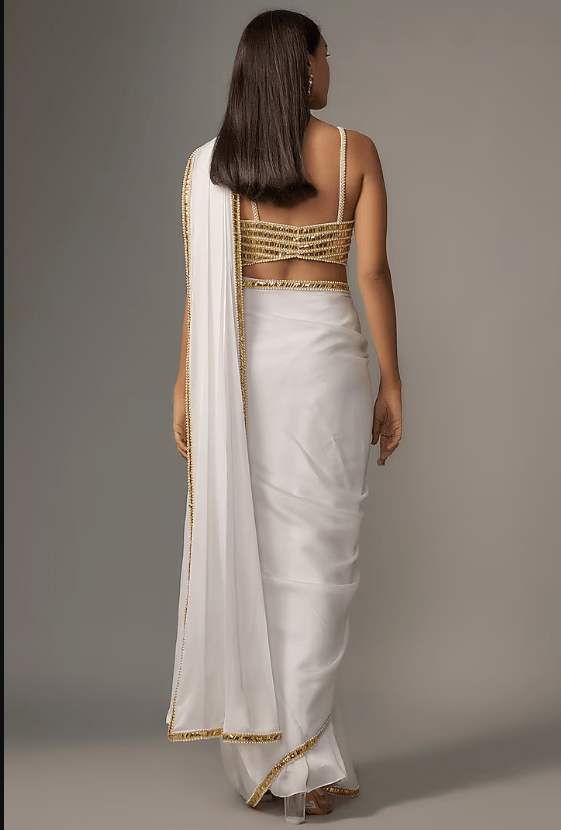 Ivory Satin Sequins Embroidered Saree Set - Image 2