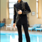 Black Lycra Cut Work, Beads Phoenix Wing Embroidered Bandhgala With Trouser