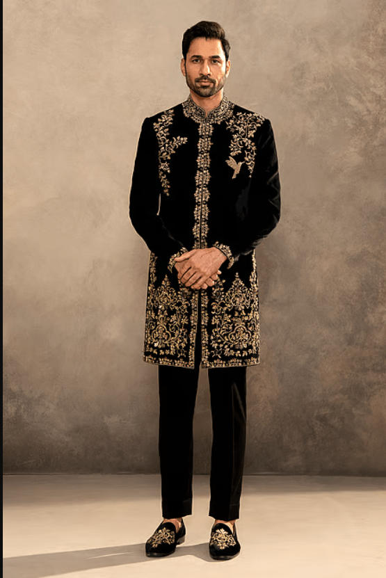 Black Velvet Embroidery, Zari Sherwani And Pyjama Set