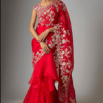 Red Organza Zari & Cutwork Embroidered Ruffled Saree Set