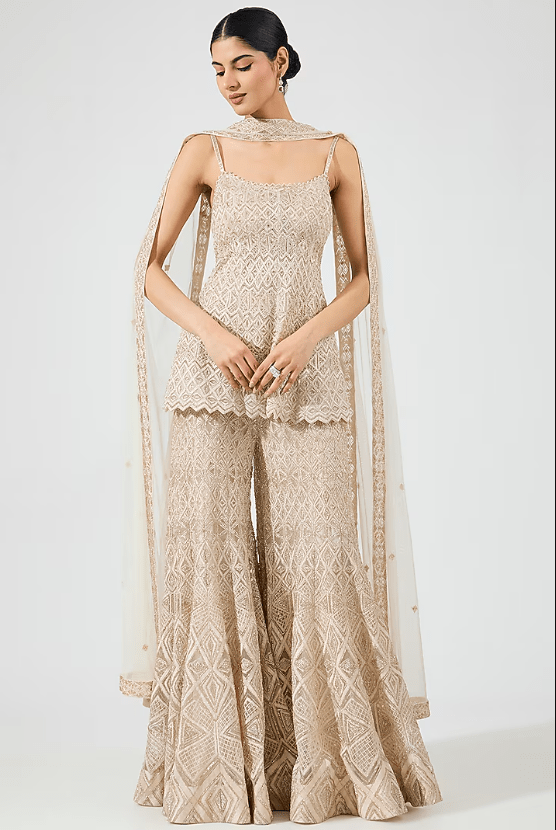 Ivory Gold Crepe Crystal Embroidered Sharara Set