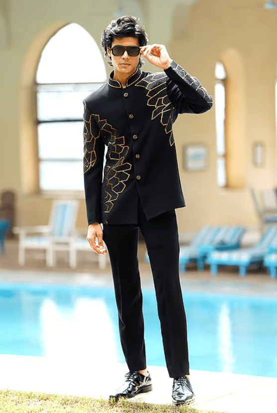 Black Lycra Cut Work, Beads Phoenix Wing Embroidered Bandhgala With Trouser - Image 2