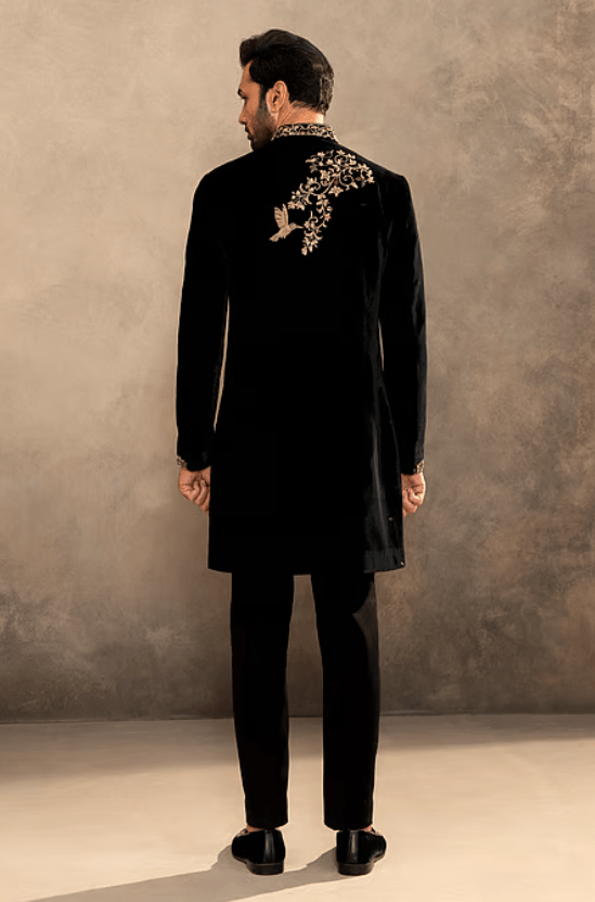 Black Velvet Embroidery, Zari Sherwani And Pyjama Set - Image 2