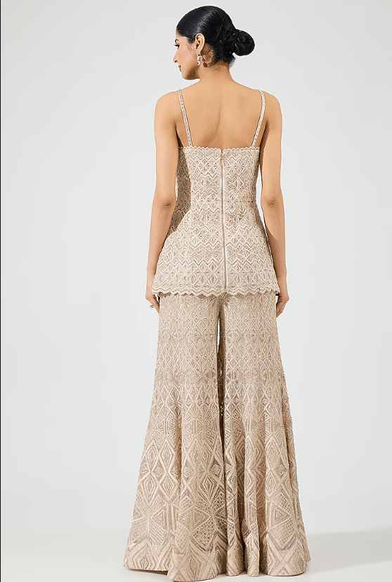 Ivory Gold Crepe Crystal Embroidered Sharara Set - Image 2