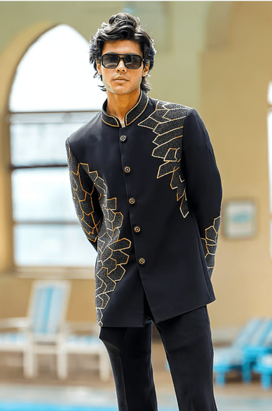Black Lycra Cut Work, Beads Phoenix Wing Embroidered Bandhgala With Trouser - Image 3