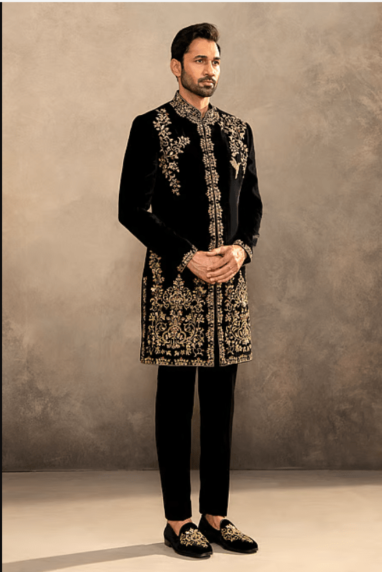Black Velvet Embroidery, Zari Sherwani And Pyjama Set - Image 3