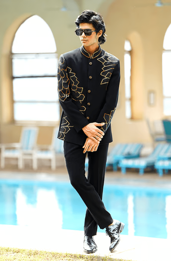 Black Lycra Cut Work, Beads Phoenix Wing Embroidered Bandhgala With Trouser - Image 4