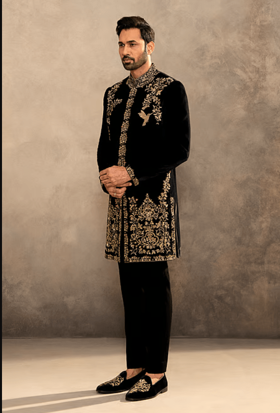 Black Velvet Embroidery, Zari Sherwani And Pyjama Set - Image 4