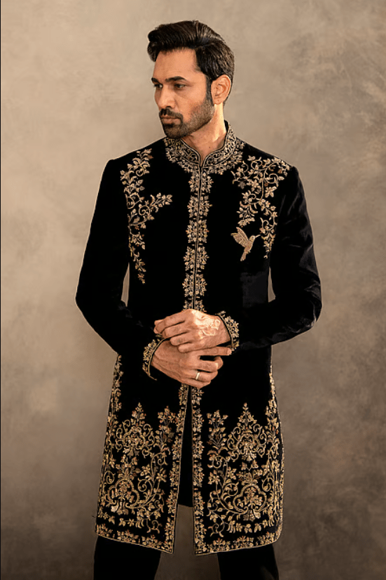 Black Velvet Embroidery, Zari Sherwani And Pyjama Set - Image 5