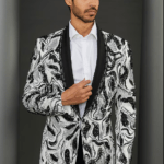 White Pebble Crepe Marble Hand Painted Tuxedo Jacket