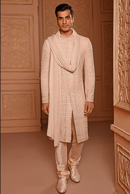 Pink Churidar Crepe Silk, Sherwani And Dupatta Georgette Floral Embroidered Set