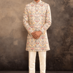 Cream Silk Flower Embroidered Raw Sherwani Set