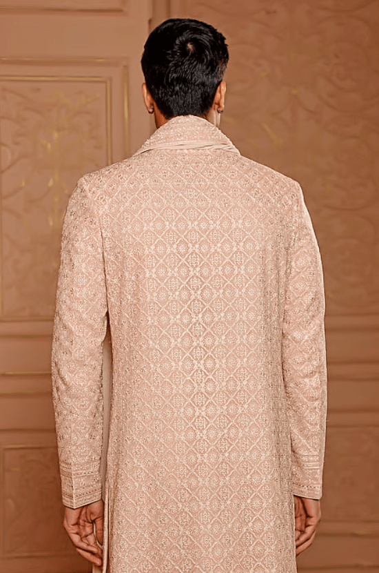 Pink Churidar Crepe Silk, Sherwani And Dupatta Georgette Floral Embroidered Set - Image 2