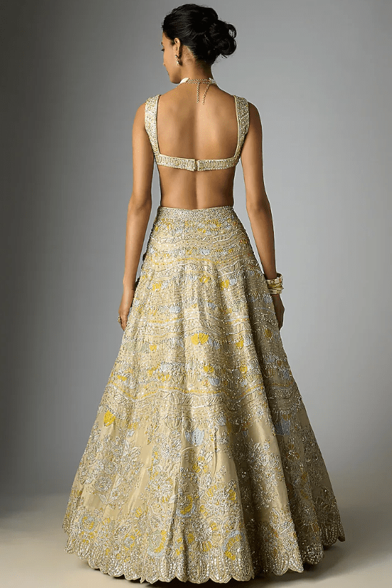 Beige Champagne Tissue Silk Applique Embroidered Lehenga Set - Image 2