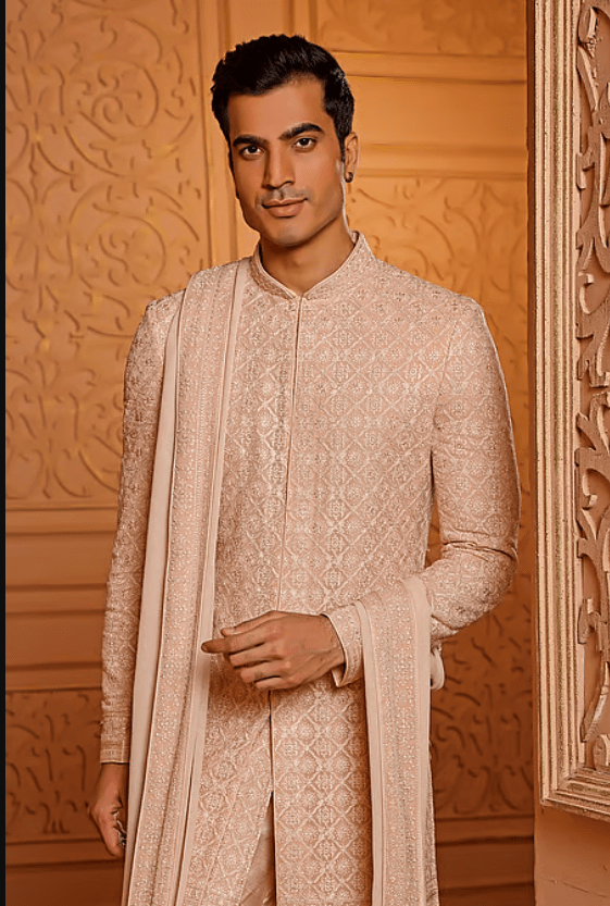 Pink Churidar Crepe Silk, Sherwani And Dupatta Georgette Floral Embroidered Set - Image 3