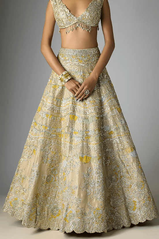 Beige Champagne Tissue Silk Applique Embroidered Lehenga Set - Image 3