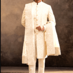 Cream Silk Embroidery Tonal Raw Sherwani Set