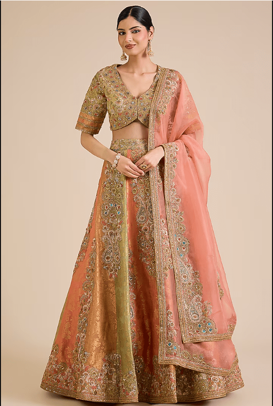 Multi-Colored Chanderi Brocade Lehenga Set