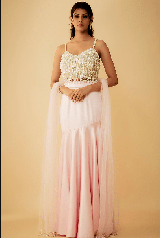 Blush Pink Satin Fish-Cut Lehenga Set