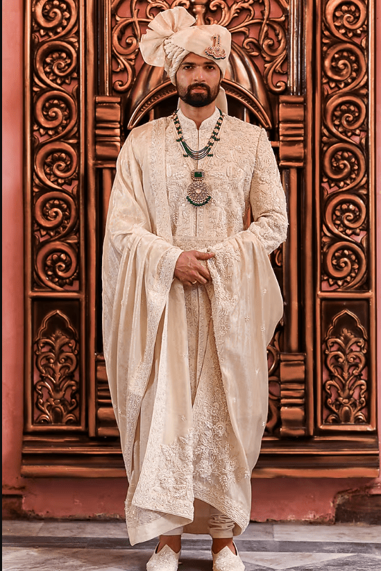 Ivory Silk Dori Embroidered Sherwani Set