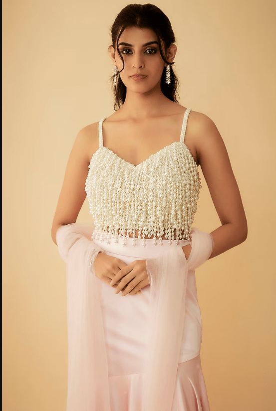 Blush Pink Satin Fish-Cut Lehenga Set - Image 4