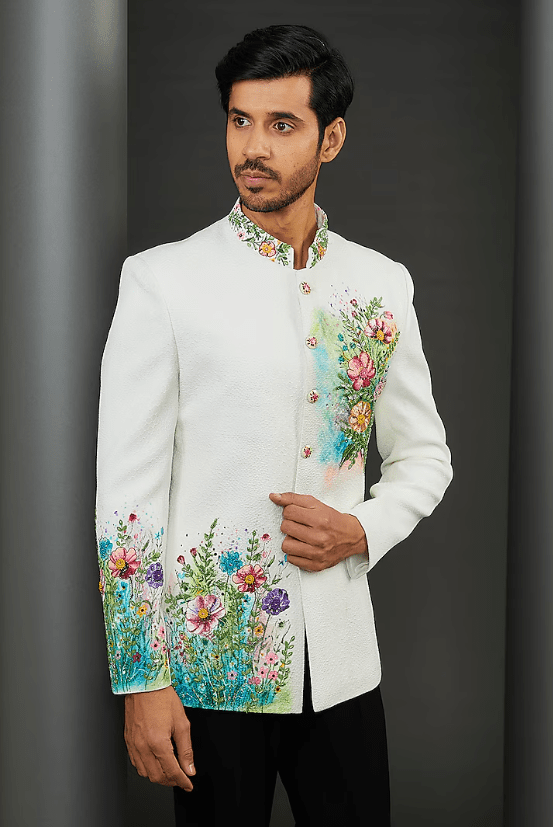 White Pebble Crepe Floral Hand Painted Bandhgala Set