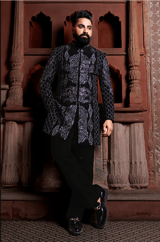Black Lycra Embroidery Jodhpuri Sherwani Set