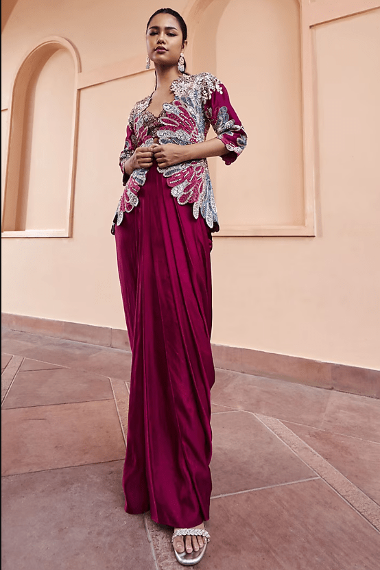 Sangria Plum Mulberry Silk Zardosi Embroidered Jacket Set