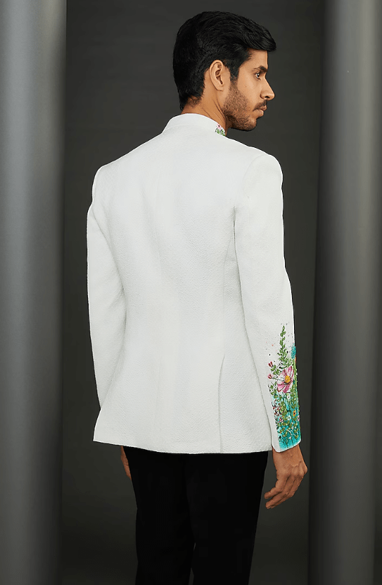 White Pebble Crepe Floral Hand Painted Bandhgala Set - Image 2