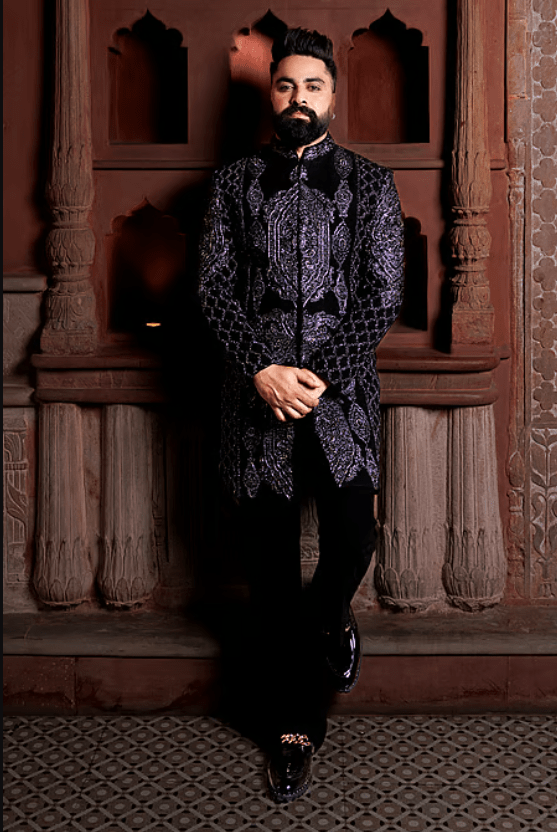 Black Lycra Embroidery Jodhpuri Sherwani Set - Image 2